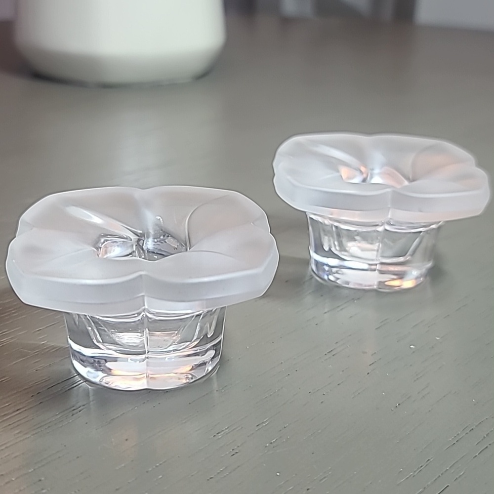 Cristal France Clear Frosted Lead Crystal Flower-Shaped Candle Holders - Picture 2 of 5